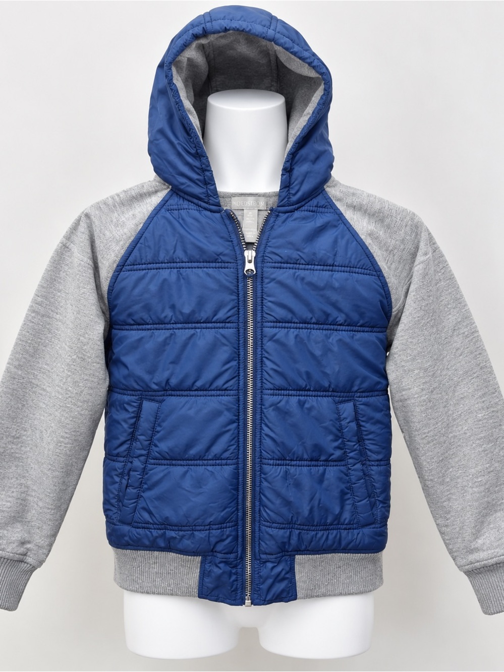 Kids Blue Hooded Puffer Jacket with Gray Sleeves